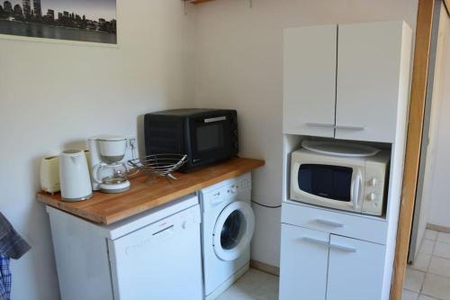 une cuisine avec un micro-ondes et un lave-linge dans l'établissement Maisonnette en Provence climatisée, wifi, parking, à Arles