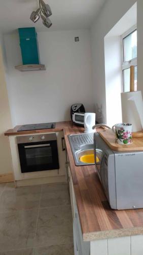 a kitchen with a counter with a stove and a microwave at Mary's house in OʼBriensbridge