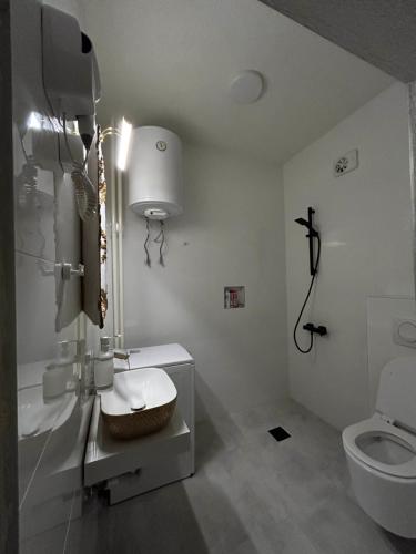a white bathroom with a sink and a toilet at Macedonia Square Apartment in Skopje