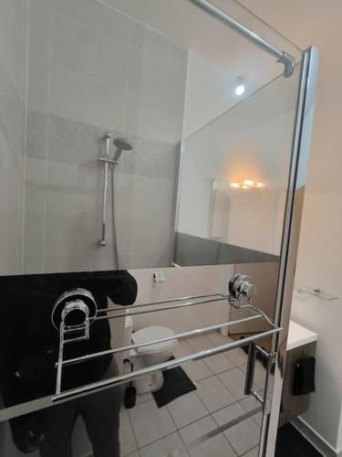 La salle de bains est pourvue de toilettes et d'une paroi en verre. dans l'établissement Le Romainvillois-Terrasse aux portes de Paris, à Romainville