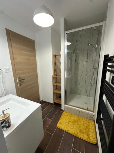 La salle de bains est pourvue d'une douche et d'un tapis jaune. dans l'établissement Appartement Centre ville Besançon, à Besançon