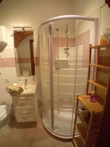 a bathroom with a shower and a sink at Casa Torre Borgo dei Borghi in Peccioli