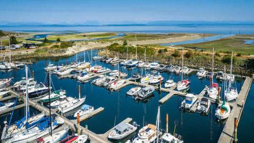 a bunch of boats docked in a harbor at Coastal Haven at THE BEACH HOUSE in Campbell River