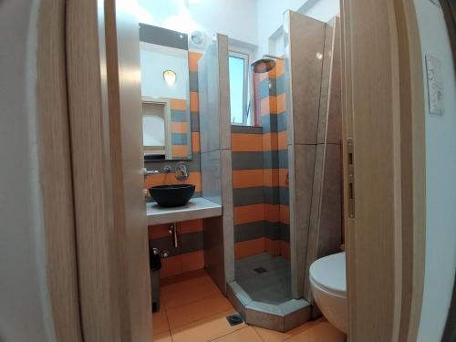 a bathroom with a shower and a sink and a toilet at Chariot Apartments Santorini in Kamari