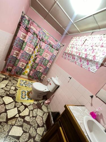 a bathroom with a toilet and a sink at Cozy Family Inn in Port Antonio