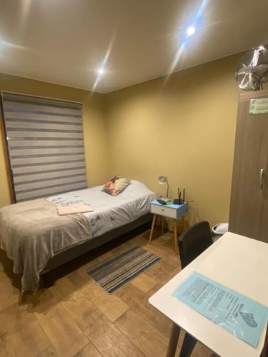 a small room with a bed and a table and a table sidx sidx at Hostal Ayiwün in Concepción