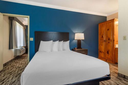 a large bed in a room with a blue wall at Best Western Dinosaur Valley Inn & Suites in Glen Rose