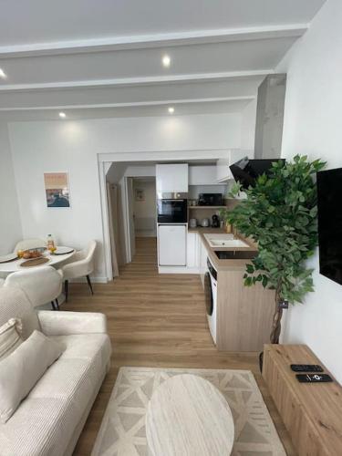 un salon avec un canapé blanc et une cuisine dans l'établissement L'ancre Rochelaise Proche marché et vieux Port, à La Rochelle