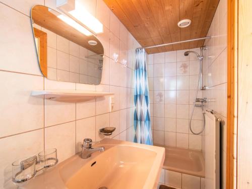 łazienka z umywalką, prysznicem i lustrem w obiekcie Chalet Anna w mieście Bruck am Ziller