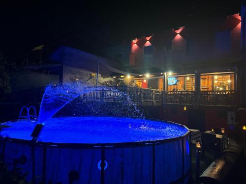 a large blue water fountain in a yard at night at B&B WELLNESS Junior Suite CAREN in Grinzane Cavour