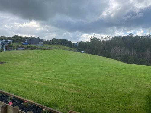 a large field of green grass with trees in the background at Moko Hiwi Escape Ruakākā- Sea View Home in Ruakaka