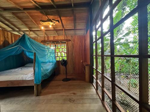 a room with a bed with a blue tent at Ecohotel Iraka Cabañas Privadas en Selva y Playa in Bahía Solano
