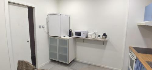 a kitchen with a refrigerator and a microwave on a shelf at Alojamiento Oviedo 3 con parking in Oviedo
