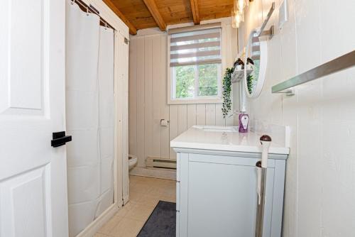 een witte badkamer met een wastafel en een toilet bij Beachfront Cottage #2- Maijac Resort & Marina in Burks Falls