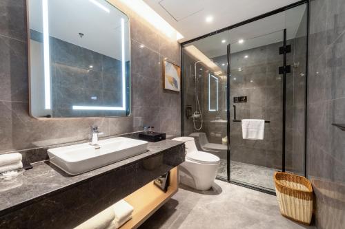 潮州Poltton International Hotel - Chaozhou Hanjiang的带水槽、马桶和淋浴的浴室