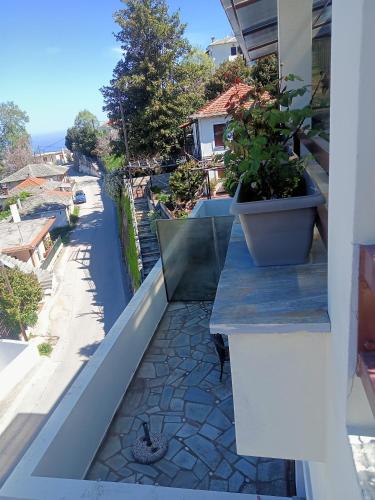 a balcony with a table with a potted plant on it at Guesthouse Kallisti in Anilio Pelion