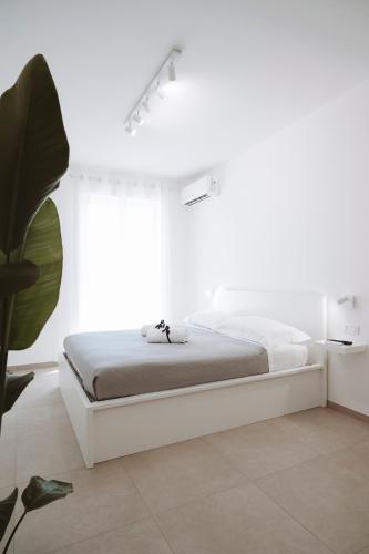 a white bedroom with a bed and a plant at Gioema in Borgo Vodice