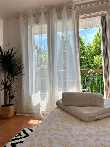 une chambre avec un lit et une grande fenêtre dans l'établissement Charmant appart avec vue sur lac, à Savigny-le-Temple