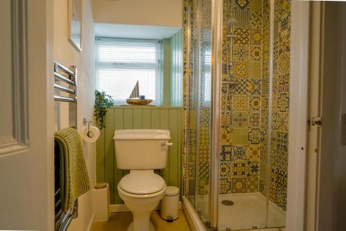 ein Badezimmer mit weißer Toilette und Dusche in der Unterkunft The Hangmans Cottage in Abbotskerswell