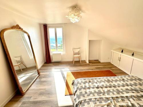 a bedroom with a large mirror and a bed at Duplex familial à la campagne in Orcier