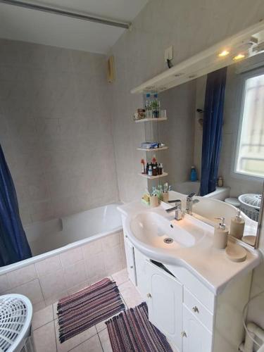 une salle de bain avec un lavabo et une baignoire dans l'établissement Maison 5 pièces jardin, à Aubervilliers