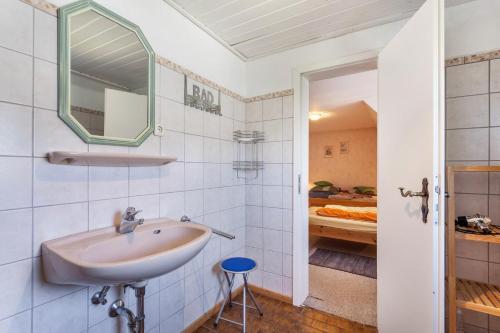 a bathroom with a sink and a mirror at Ferienwohnungen Lindenhof in Eimelrod