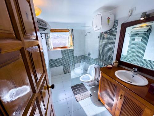 a small bathroom with a toilet and a sink at Banjara Camp and Retreat Sangla in Sāngla