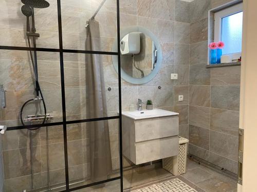 ビリセにあるVilla Andrejのシャワー、洗面台、鏡を備えたバスルーム