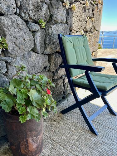 a green chair sitting next to a potted plant at A Casa do Jaime in Prainha de Baixo