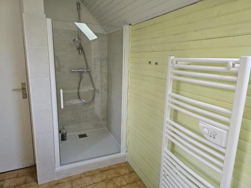 une douche avec une porte vitrée dans une salle de bain dans l'établissement Maison spacieuse avec jardin clos, vélos à disposition, plages à 2 kms, à Tréffiagat