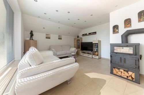 a living room with a couch and a fireplace at Hiša Oder in Woditz