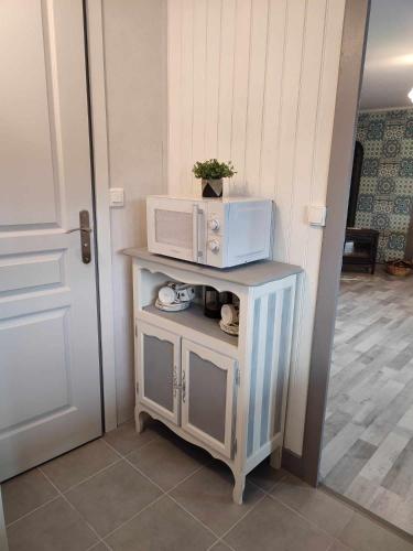d'une petite armoire avec un four micro-ondes. dans l'établissement Chalet dans la Foret....Adorable 1 bedroom chalet surrounded by woodland, à Pressignac