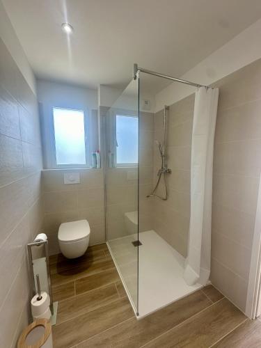 une salle de bain avec toilettes et douche en verre dans l'établissement Beau 2 pièces neuf 3 personnes, à LʼÎle-Rousse