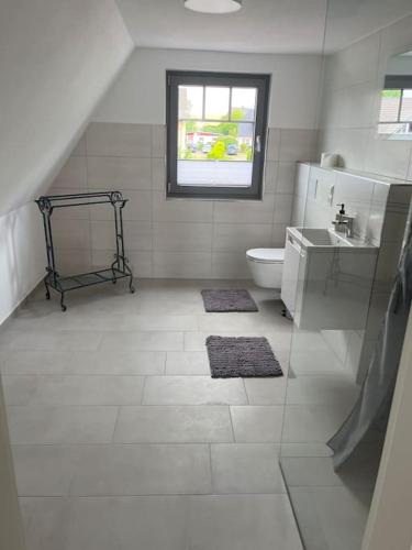 a bathroom with a sink and a toilet and a window at Ferienwohnung am Meer! in Alt Reddevitz