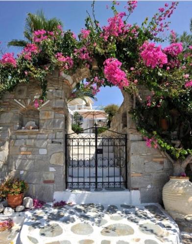 a gate with pink flowers on a stone wall at Blue Bay Heliolithos in Parikia