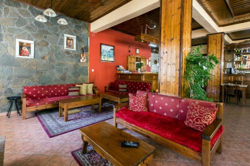 a living room with red couches and a stone wall at Hotel Dryades in Elati Trikalon