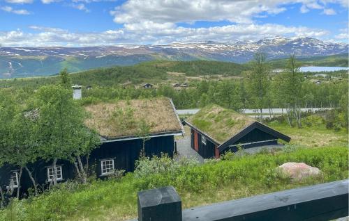 two houses with grass roofs with mountains in the background at Stunning Home In Beitostølen With Sauna in Beitostøl