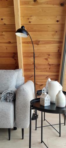 a black lamp sitting next to a chair and a table at Hill House Žabljak in Žabljak