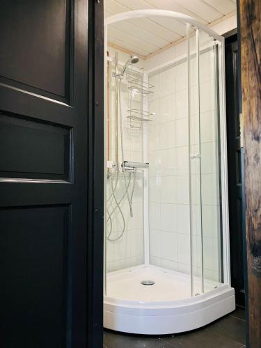 a shower in a bathroom with a glass door at Erillistalo keskustassa in Seinäjoki