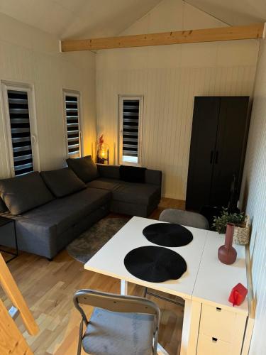 a living room with a couch and a table at Tiny house med lantligt läge in Vänersborg