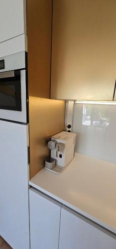 a kitchen with a microwave and a coffee maker on the counter at Infinity Apartman Lellemarine in Balatonlelle