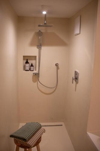 a bathroom with a shower and a stool in it at Schönblick Appartements in Lofer