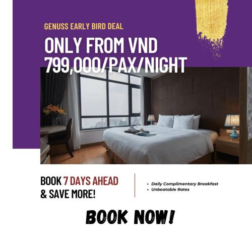 a poster for a hotel room with a bed and a window at Genuss Tam Dao - Hideaway Retreats in Tam Ðảo