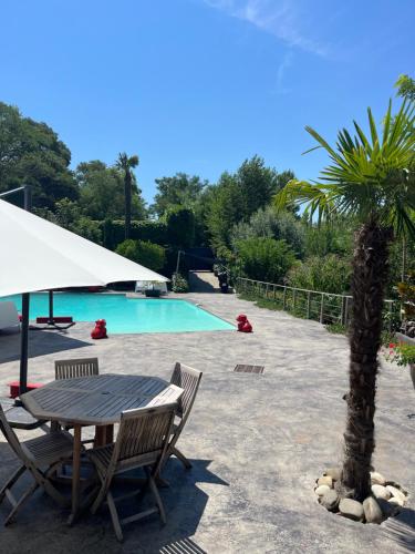 une table, des chaises et un palmier à côté de la piscine dans l'établissement Lbkn, à Toulouse