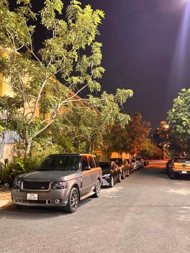 a row of cars parked on a street at night at Lucasta Hotel in Can Tho