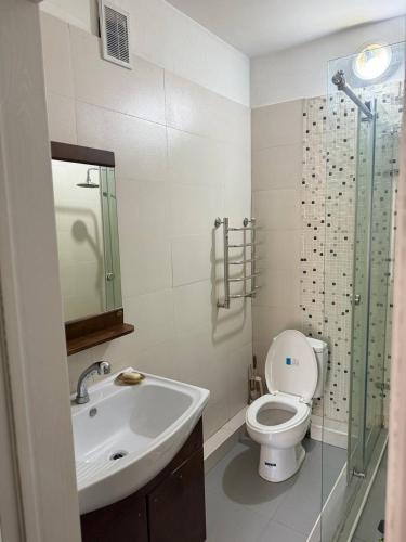 a bathroom with a sink and a toilet and a shower at Guest House Ulaanbaatar in Ulaanbaatar