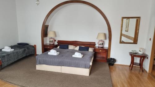 a bedroom with a large bed and a mirror at Penzion u dobrého lva in Frenštát pod Radhoštěm