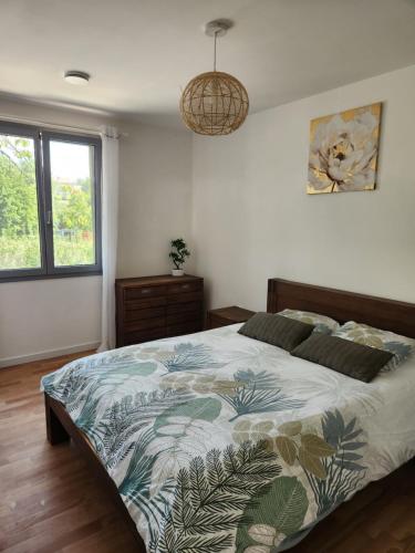 1 dormitorio con 1 cama y luz colgante en La petite maison d'Adèle, en Hargeville-sur-Chée