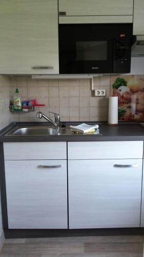 a kitchen counter with a sink and a microwave at Ferienwohnung-Ullmann in Ehrenfriedersdorf