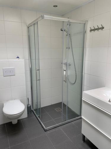 a bathroom with a shower with a toilet and a sink at Camping Engelbert (Groningen) in Groningen